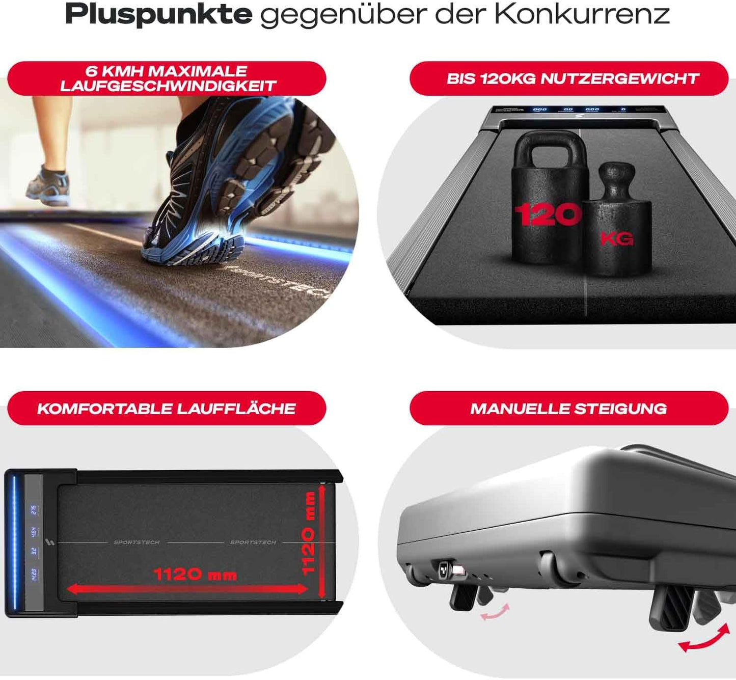 Sportstech Laufband Walking Pad, manuelle Steigung, 6-12 km/h, App, LED, Fernbedienung, kompakt, Home Office