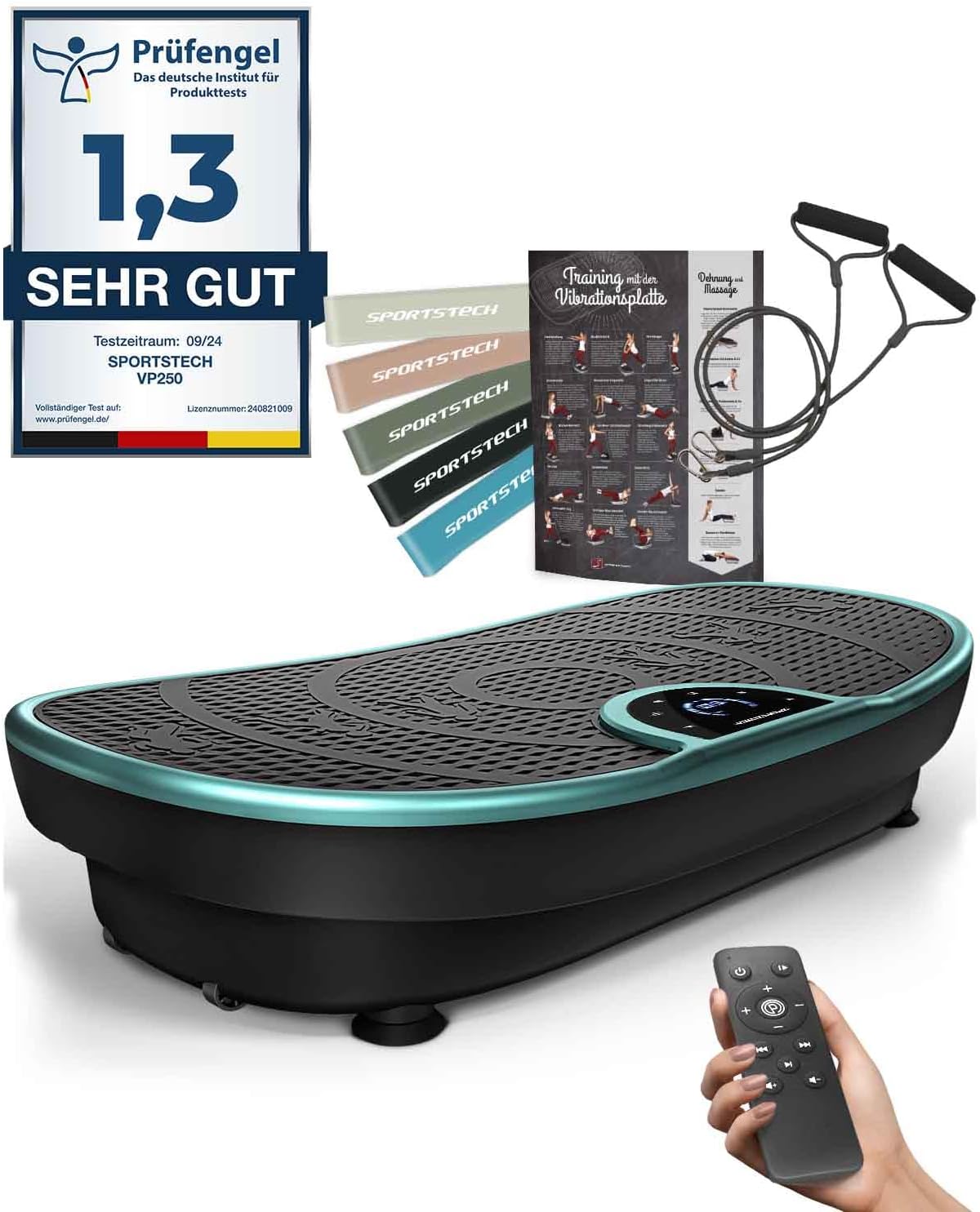 Sportstech Vibrationsplatte VP250, Curved Slim Design, 180 Stufen, 7+1 Programme inkl. Yoga, Bluetooth, Fettverbrennung & Muskelaufbau