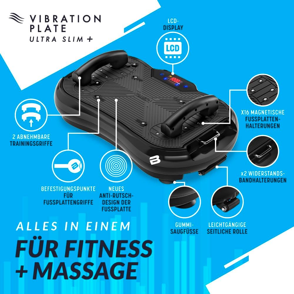 Bluefin Fitness Vibrationsplatte, Muskelaufbau, Ganzkörpertraining, Kompakt, Widerstandsbänder, Leiser Motor für Zuhause