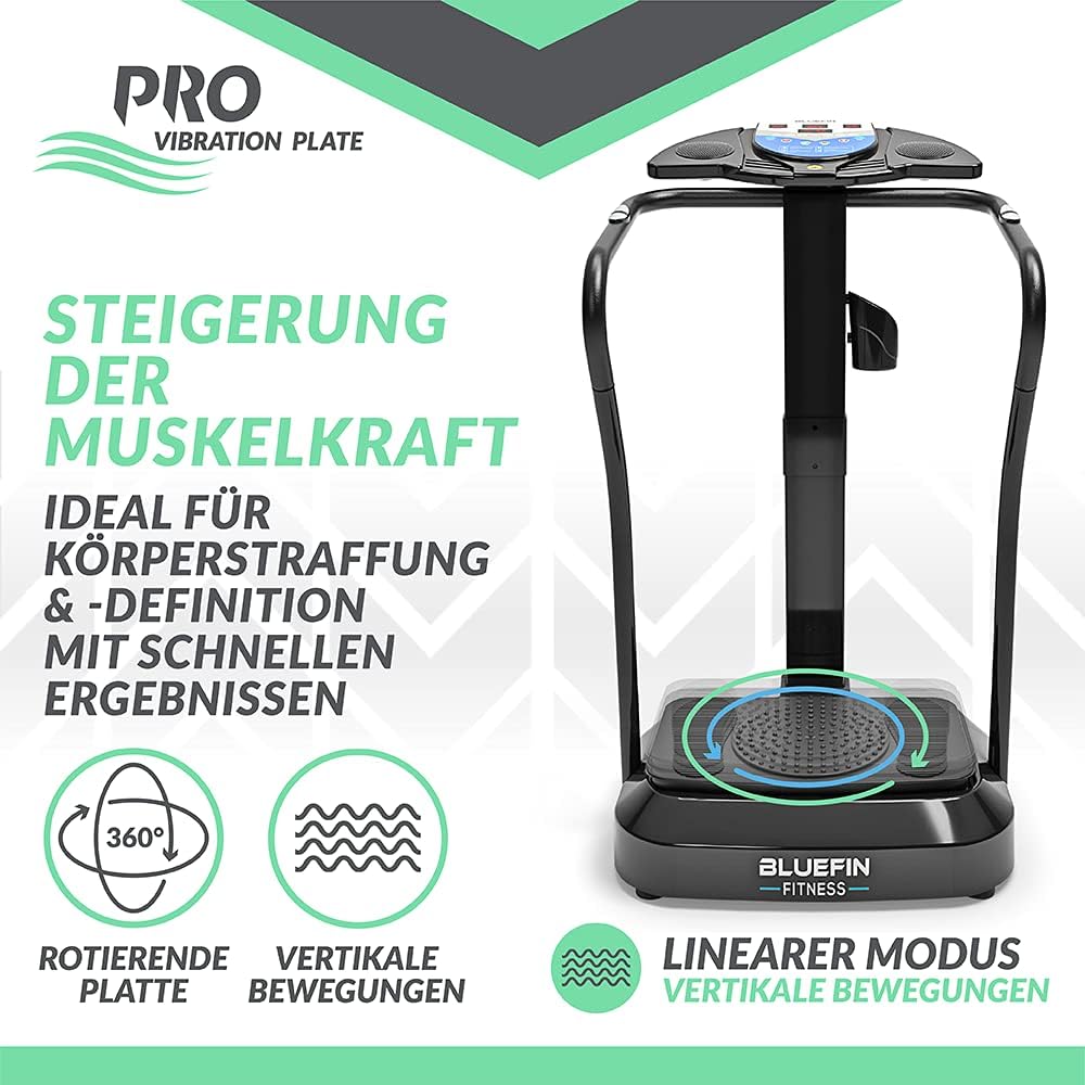 Bluefin Fitness Vibrationsplatte Pro-Modell, leise Motoren, verbessertes Design, eingebaute Lautsprecher