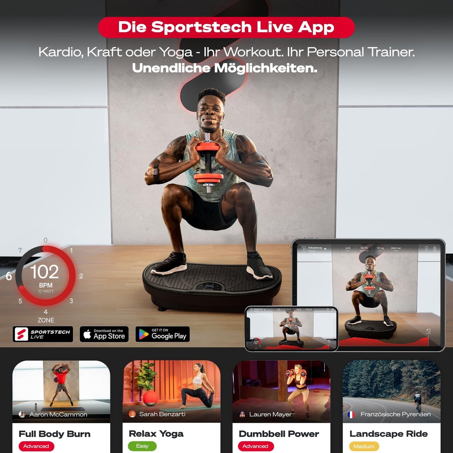 Sportstech Vibrationsplatte VP250, Curved Slim Design, 180 Stufen, 7+1 Programme inkl. Yoga, Bluetooth, Fettverbrennung & Muskelaufbau