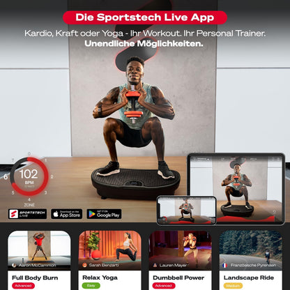 Sportstech Vibrationsplatte VP250, Curved Slim Design, 180 Stufen, 7+1 Programme inkl. Yoga, Bluetooth, Fettverbrennung & Muskelaufbau