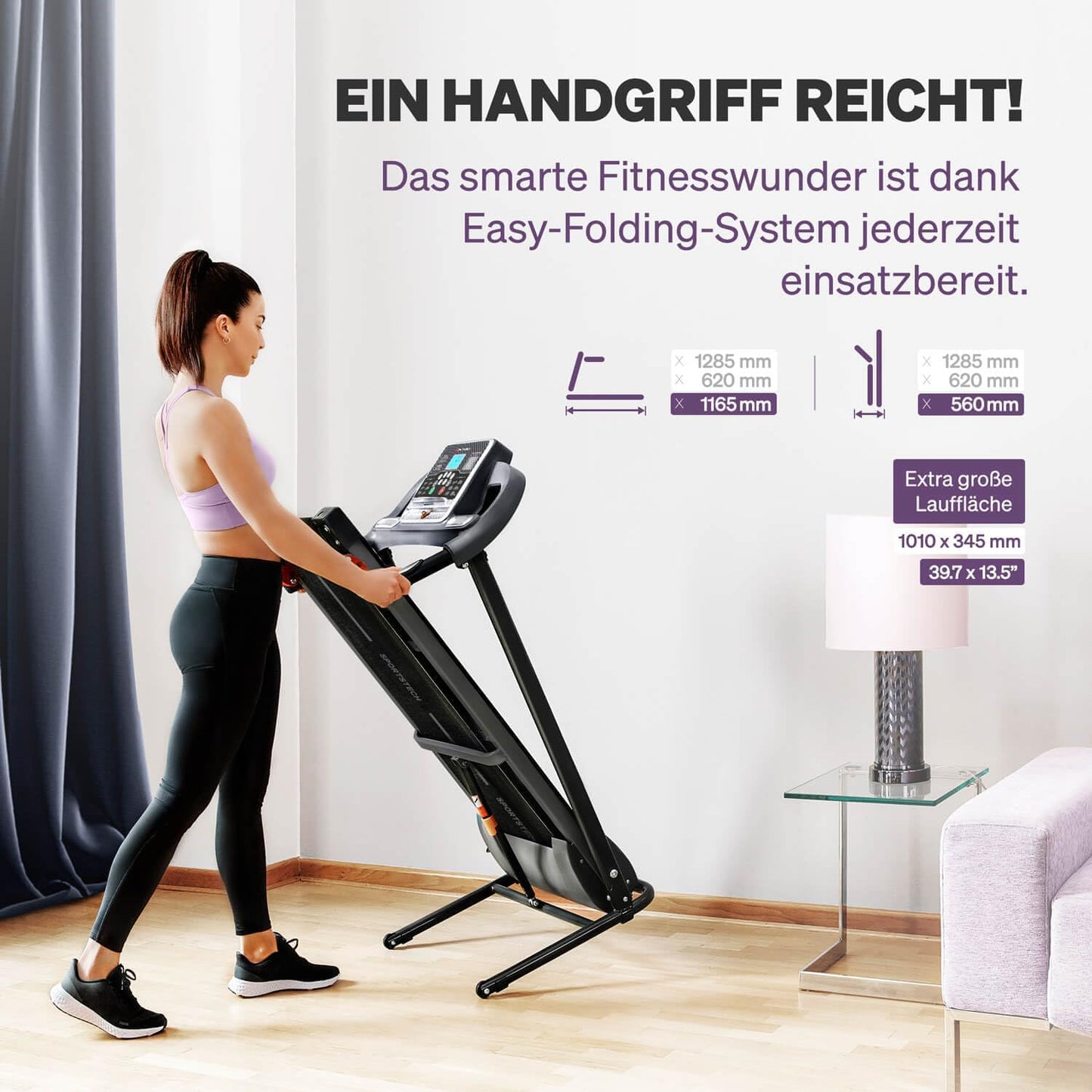 Sportstech Laufband – LED, klappbar, manuelle Steigung, Bluetooth, max. 120 kg, 10-14 km/h, Treadmill