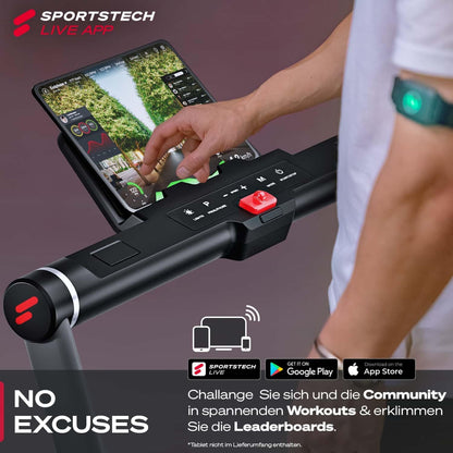 Sportstech Laufband – LED, klappbar, manuelle Steigung, Bluetooth, max. 120 kg, 10-14 km/h, Treadmill