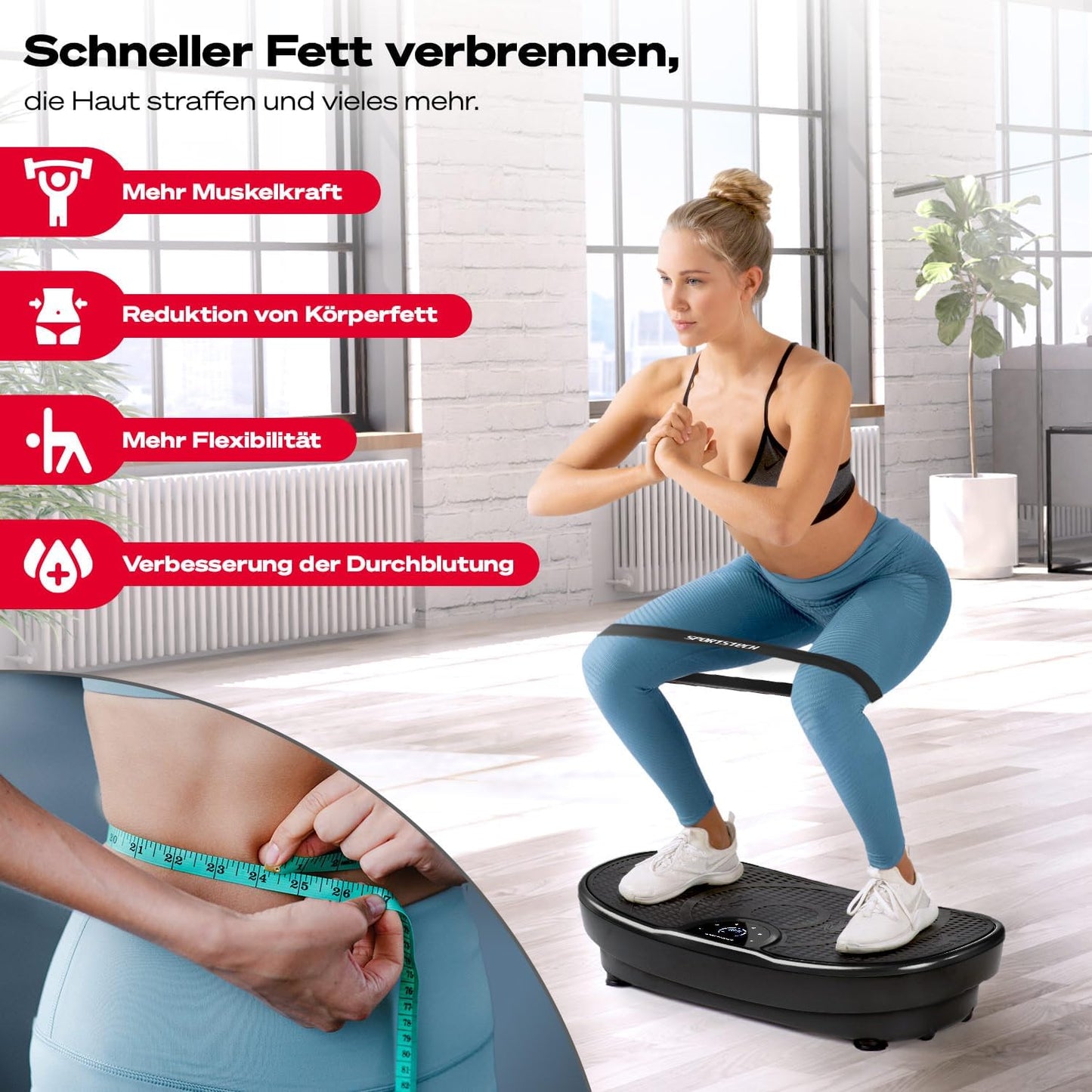 Sportstech Vibrationsplatte VP250, Curved Slim Design, 180 Stufen, 7+1 Programme inkl. Yoga, Bluetooth, Fettverbrennung & Muskelaufbau