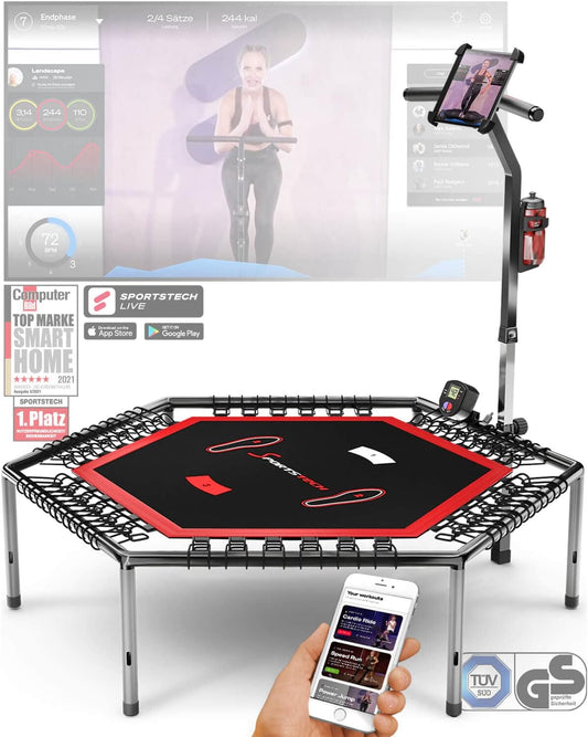 Sportstech HTX100 Trampolin klappbar, mit Haltegriff, Indoor Jumping, TÜV/GS, Sprungzähler, APP, für Kinder & Erwachsene