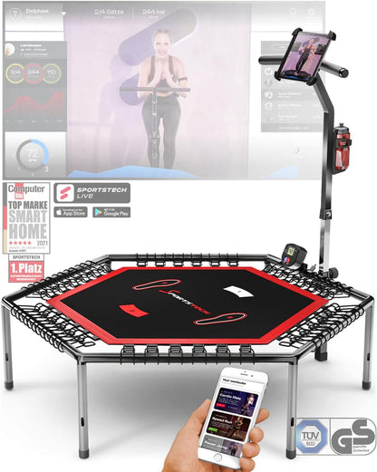 Sportstech HTX100 Trampolin klappbar, mit Haltegriff, Indoor Jumping, TÜV/GS, Sprungzähler, APP, für Kinder & Erwachsene