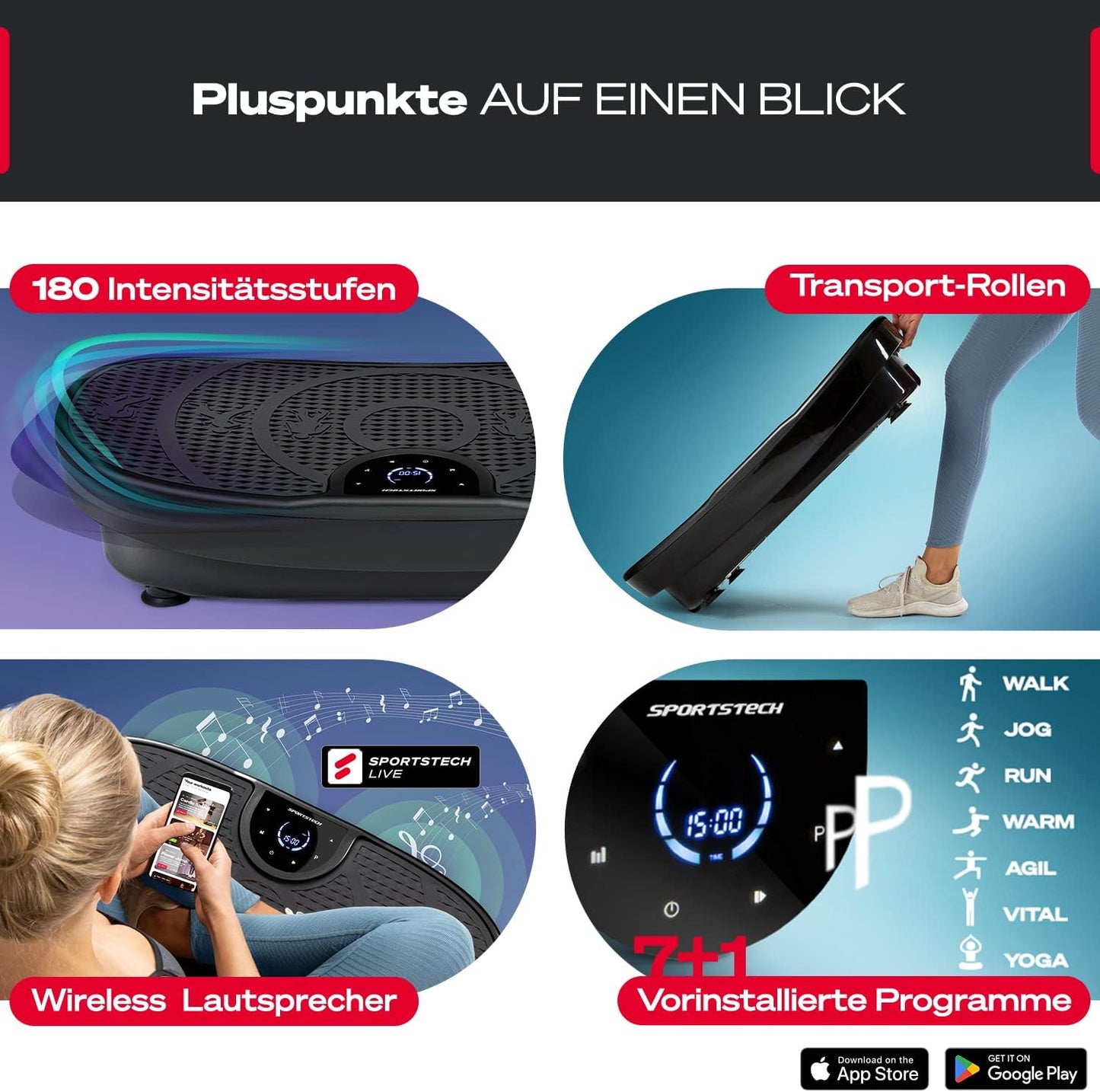 Sportstech Vibrationsplatte VP250, Curved Slim Design, 180 Stufen, 7+1 Programme inkl. Yoga, Bluetooth, Fettverbrennung & Muskelaufbau