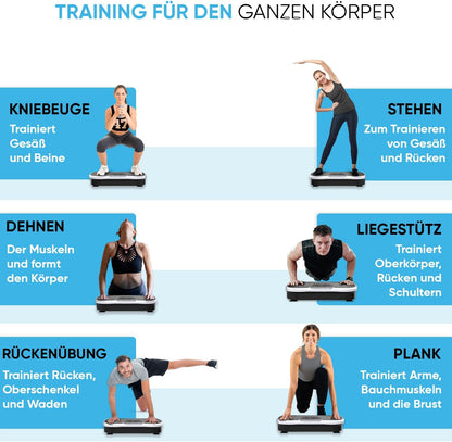 Vibrationsplatte, 99 Intensitätsstufen, 5 Programme, Ganzkörpertraining, Muskelaufbau, Massage, Bluetooth, Home Workout