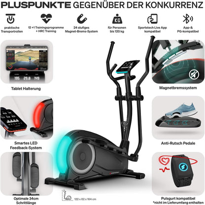 Sportstech CX700 Crosstrainer LED Technologie, 12 Programme, Magnetbremssystem, 24 kg, gelenkschonend