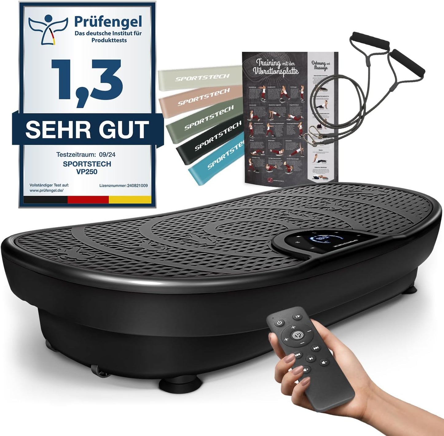 Sportstech Vibrationsplatte VP250, Curved Slim Design, 180 Stufen, 7+1 Programme inkl. Yoga, Bluetooth, Fettverbrennung & Muskelaufbau