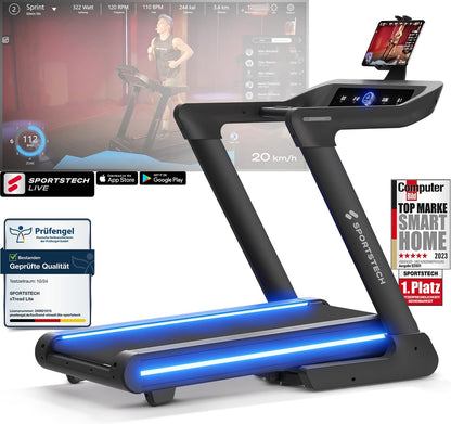 Sportstech Profi Laufband klappbar bis 20 km/h, 17% Incline, 150 kg, LED, APP-kompatibel, Tabletholder