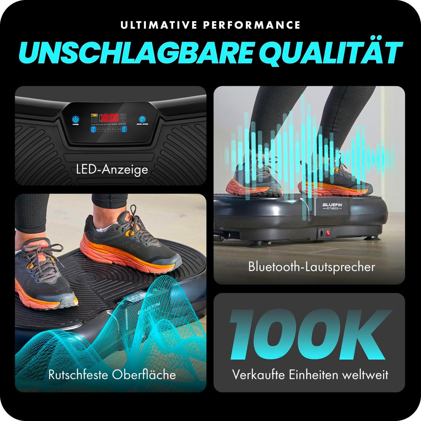 Bluefin Fitness Vibrationsplatte, Muskelaufbau, Ganzkörpertraining, Kompakt, Widerstandsbänder, Leiser Motor für Zuhause