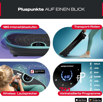 Sportstech Vibrationsplatte VP250, Curved Slim Design, 180 Stufen, 7+1 Programme inkl. Yoga, Bluetooth, Fettverbrennung & Muskelaufbau