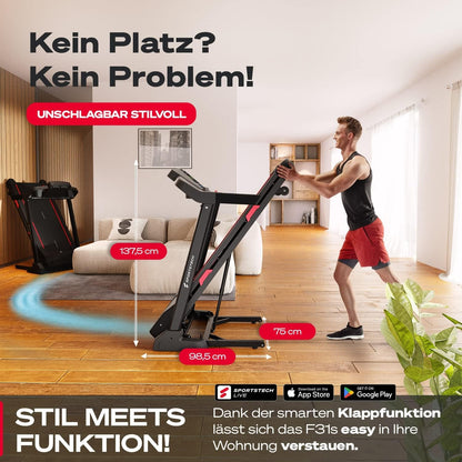 Sportstech F31s Profi Laufband, 16 km/h, 4.5 PS, Bluetooth APP, LED, Tablethalterung, klappbar, max. 120 kg