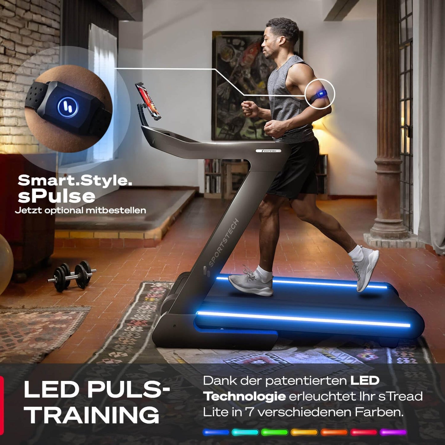 Sportstech Profi Laufband klappbar bis 20 km/h, 17% Incline, 150 kg, LED, APP-kompatibel, Tabletholder