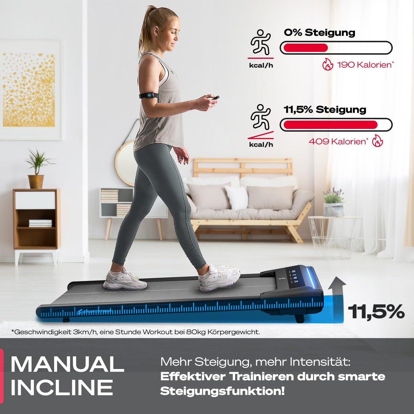 Sportstech Laufband Walking Pad, manuelle Steigung, 6-12 km/h, App, LED, Fernbedienung, kompakt, Home Office