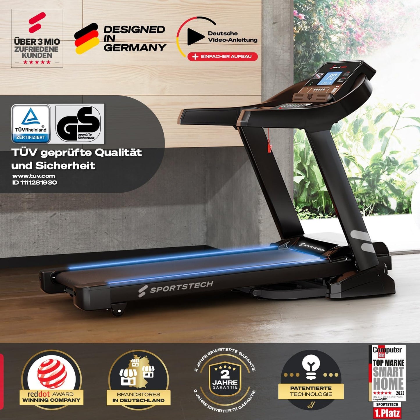 Sportstech F37s Laufband klappbar, 20 km/h, 7PS, Steigung, 150 kg, Bluetooth APP, große Lauffläche