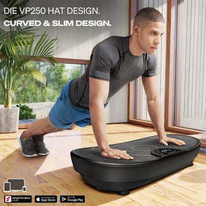 Sportstech Vibrationsplatte VP250, Curved Slim Design, 180 Stufen, 7+1 Programme inkl. Yoga, Bluetooth, Fettverbrennung & Muskelaufbau