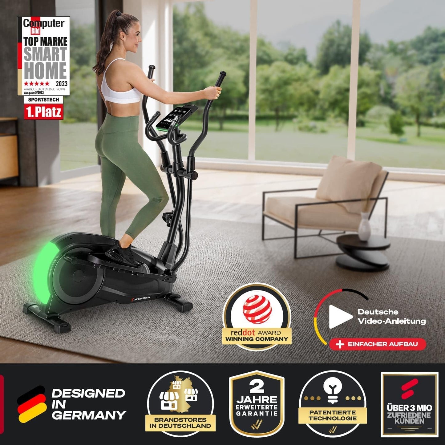 Sportstech CX700 Crosstrainer LED Technologie, 12 Programme, Magnetbremssystem, 24 kg, gelenkschonend