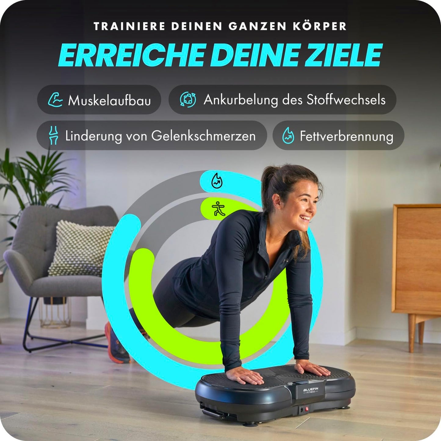 Bluefin Fitness Vibrationsplatte, Muskelaufbau, Ganzkörpertraining, Kompakt, Widerstandsbänder, Leiser Motor für Zuhause