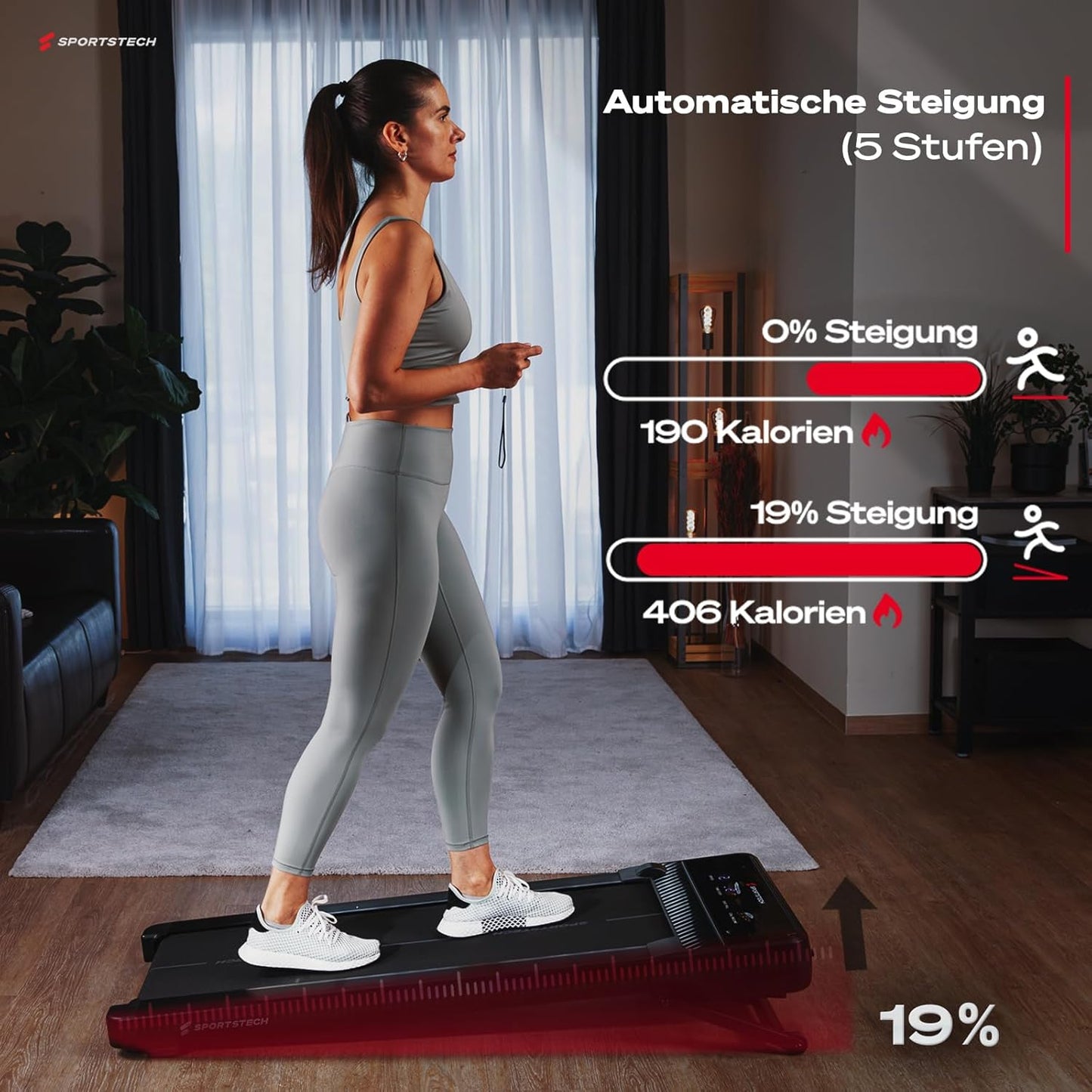 Sportstech Walking Pad, automatische Steigung bis 19%, 8-12 km/h, LED-Display, App, kompakt, leise, Home Office