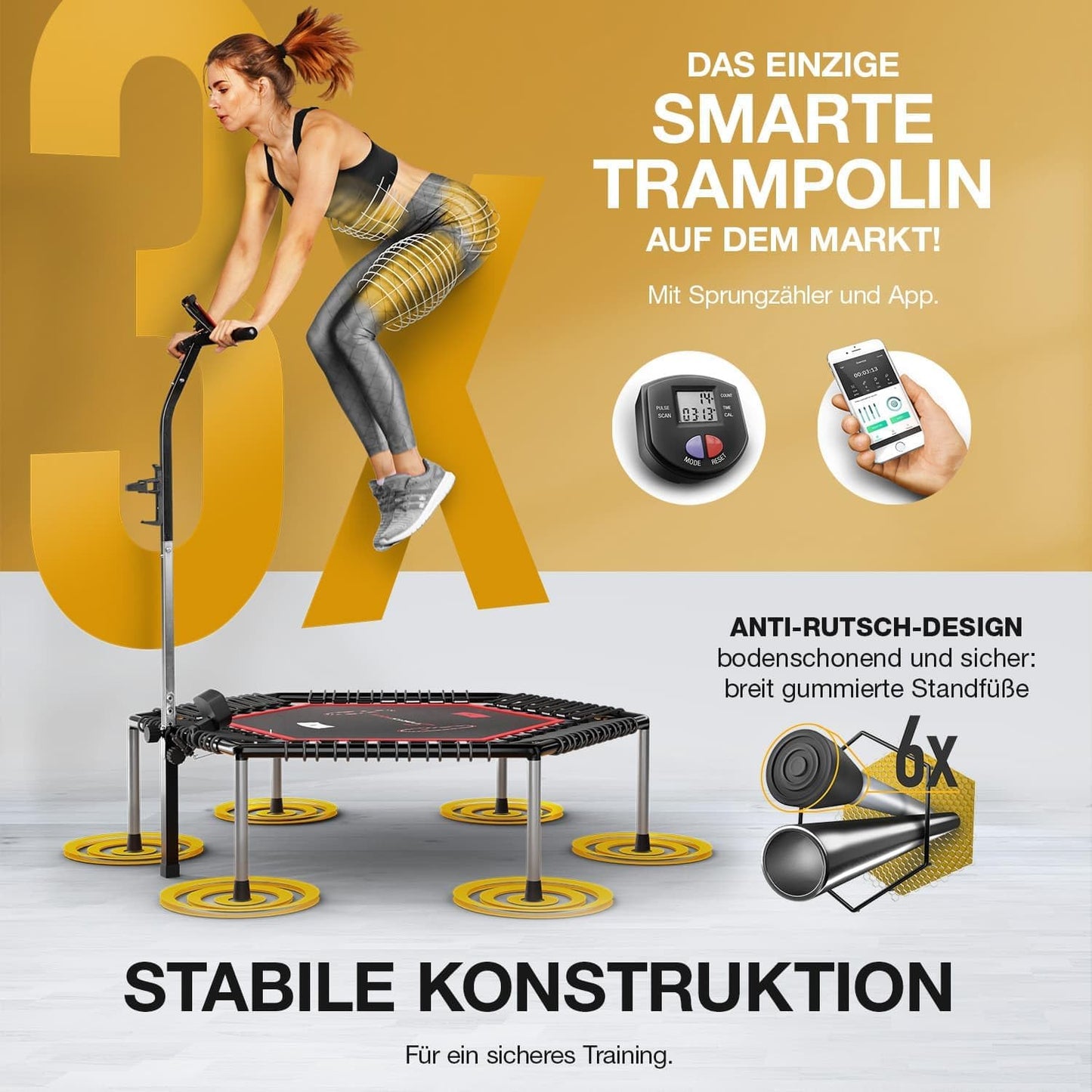 Sportstech HTX100 Trampolin klappbar, mit Haltegriff, Indoor Jumping, TÜV/GS, Sprungzähler, APP, für Kinder & Erwachsene