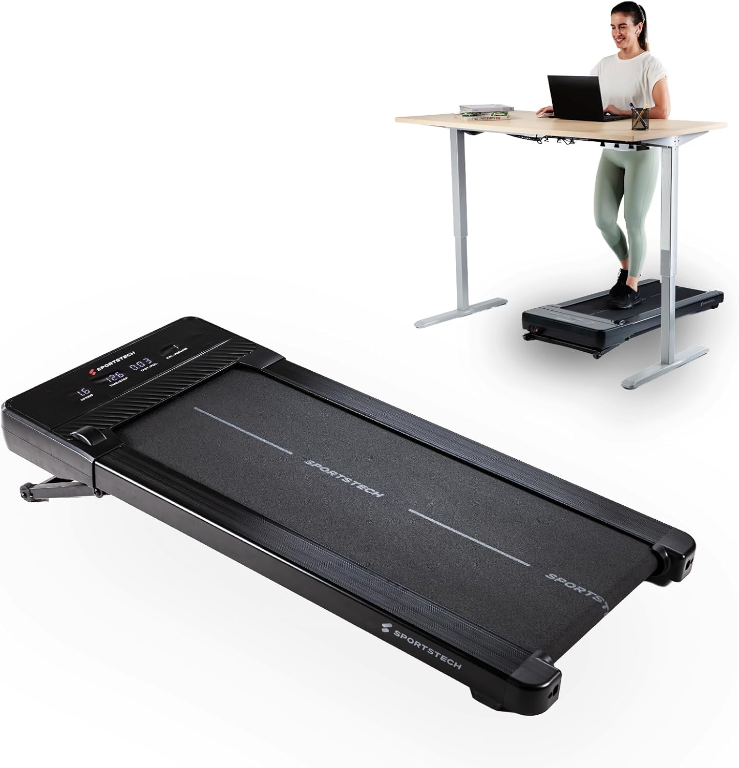 Sportstech Walking Pad, automatische Steigung bis 19%, 8-12 km/h, LED-Display, App, kompakt, leise, Home Office