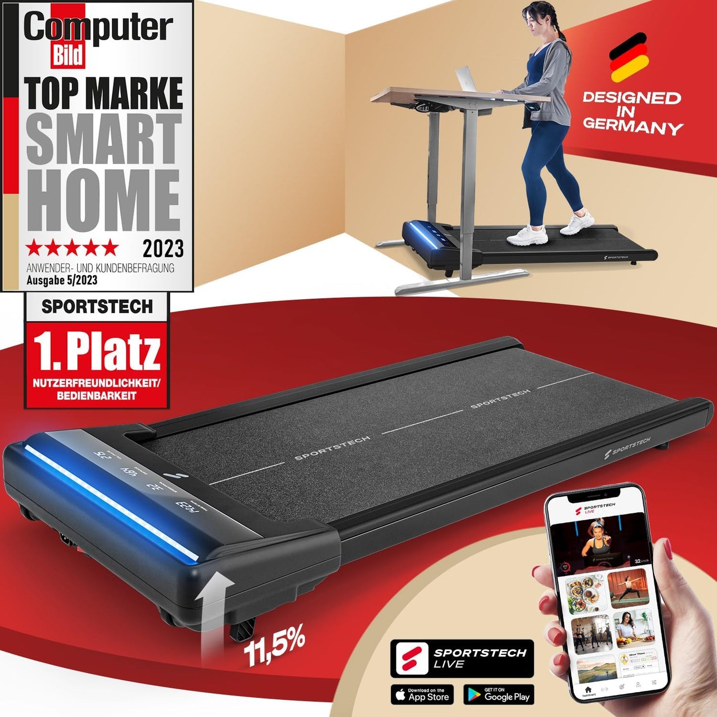 Sportstech Laufband Walking Pad, manuelle Steigung, 6-12 km/h, App, LED, Fernbedienung, kompakt, Home Office