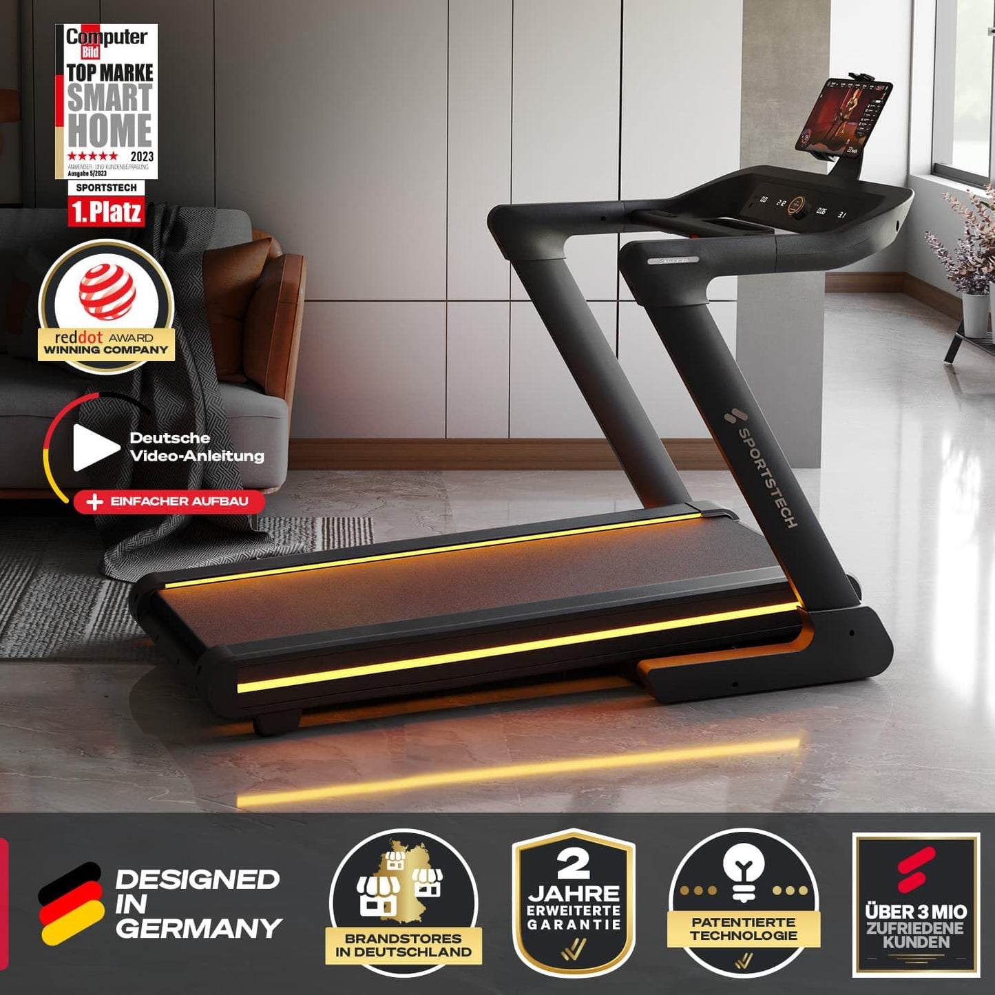 Sportstech Profi Laufband klappbar bis 20 km/h, 17% Incline, 150 kg, LED, APP-kompatibel, Tabletholder