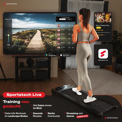 Sportstech Walking Pad, automatische Steigung bis 19%, 8-12 km/h, LED-Display, App, kompakt, leise, Home Office