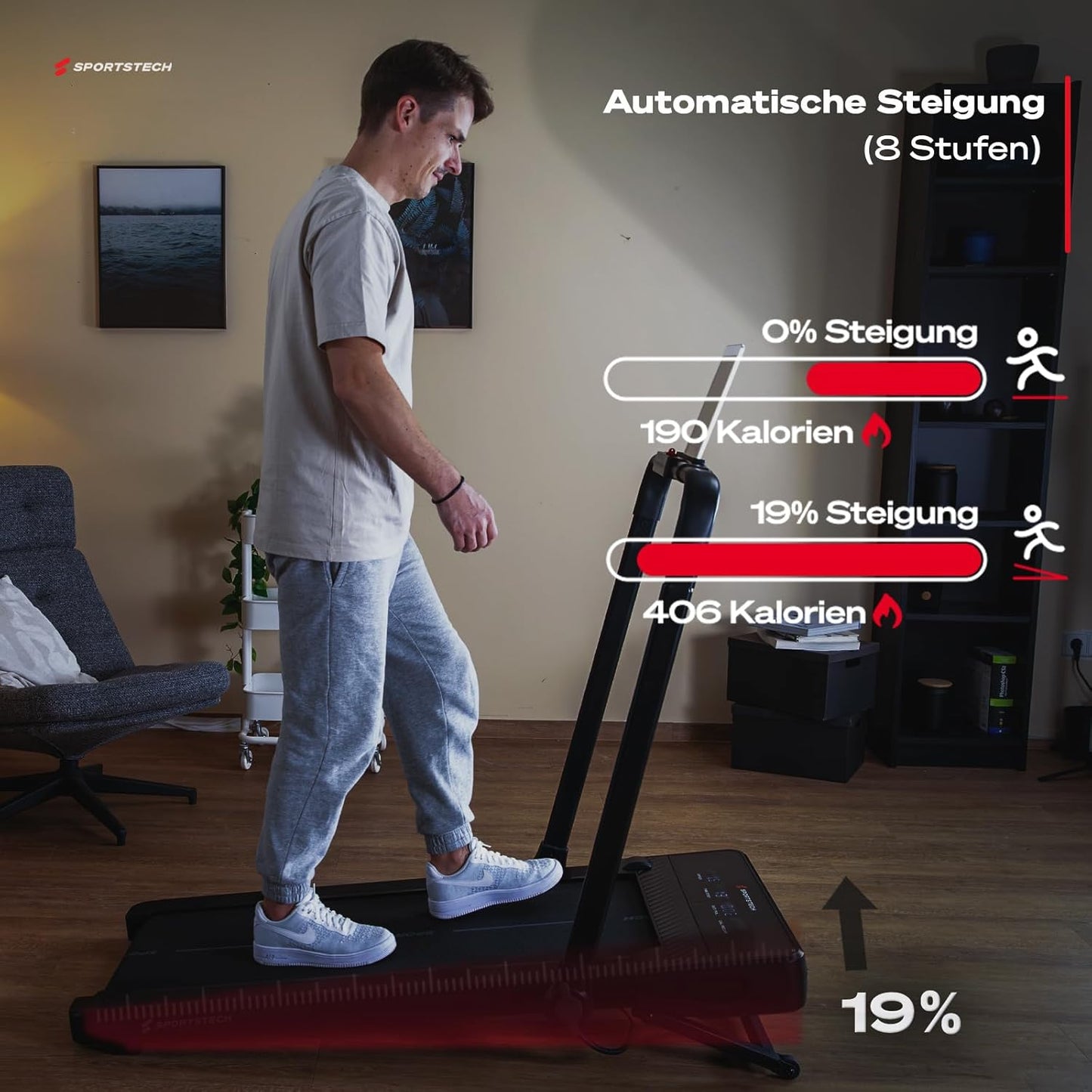 Sportstech Walking Pad, automatische Steigung bis 19%, 8-12 km/h, LED-Display, App, kompakt, leise, Home Office