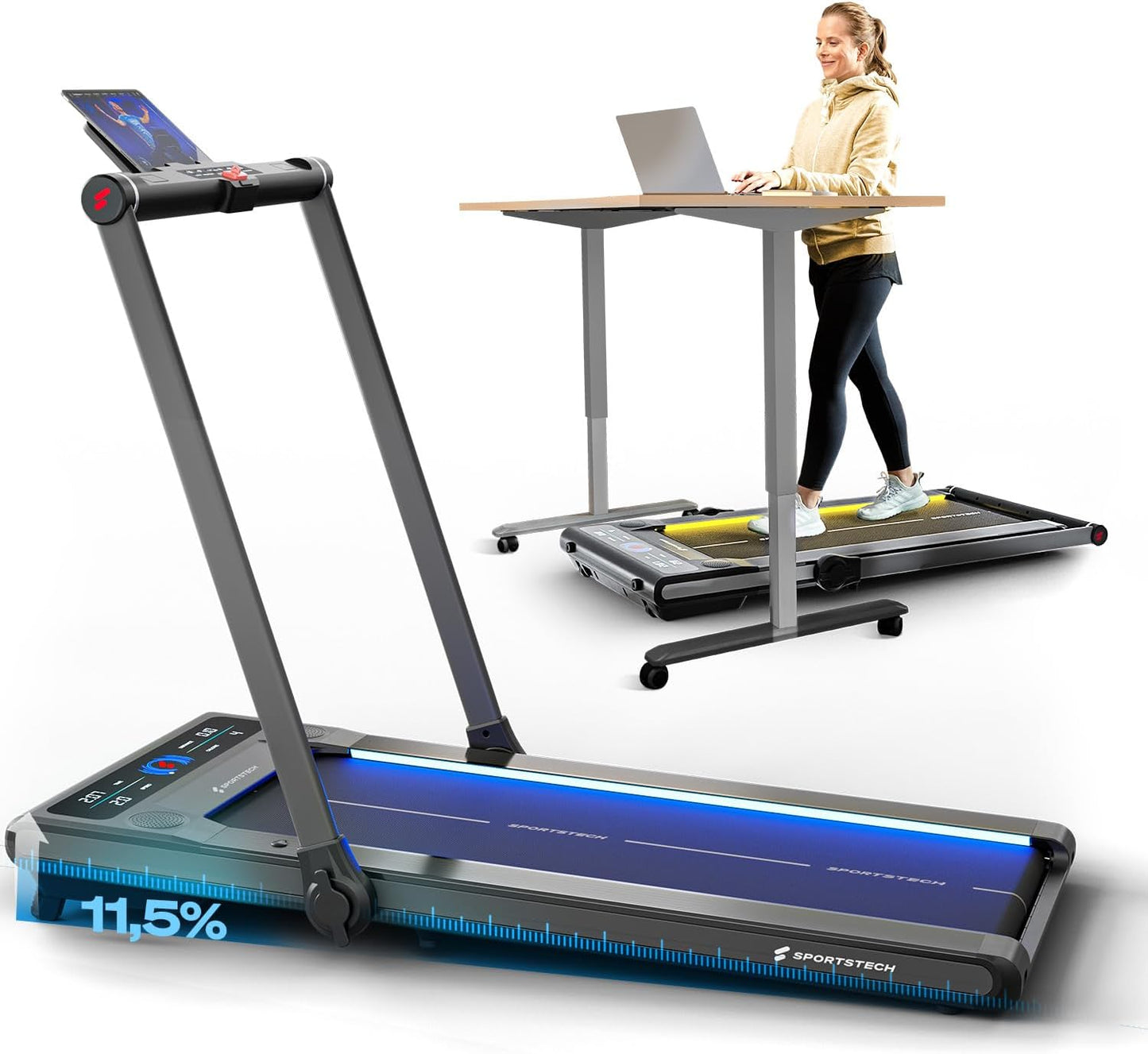 Sportstech Laufband – LED, klappbar, manuelle Steigung, Bluetooth, max. 120 kg, 10-14 km/h, Treadmill