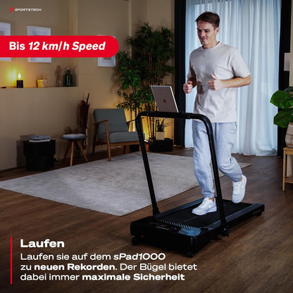 Sportstech Walking Pad, automatische Steigung bis 19%, 8-12 km/h, LED-Display, App, kompakt, leise, Home Office