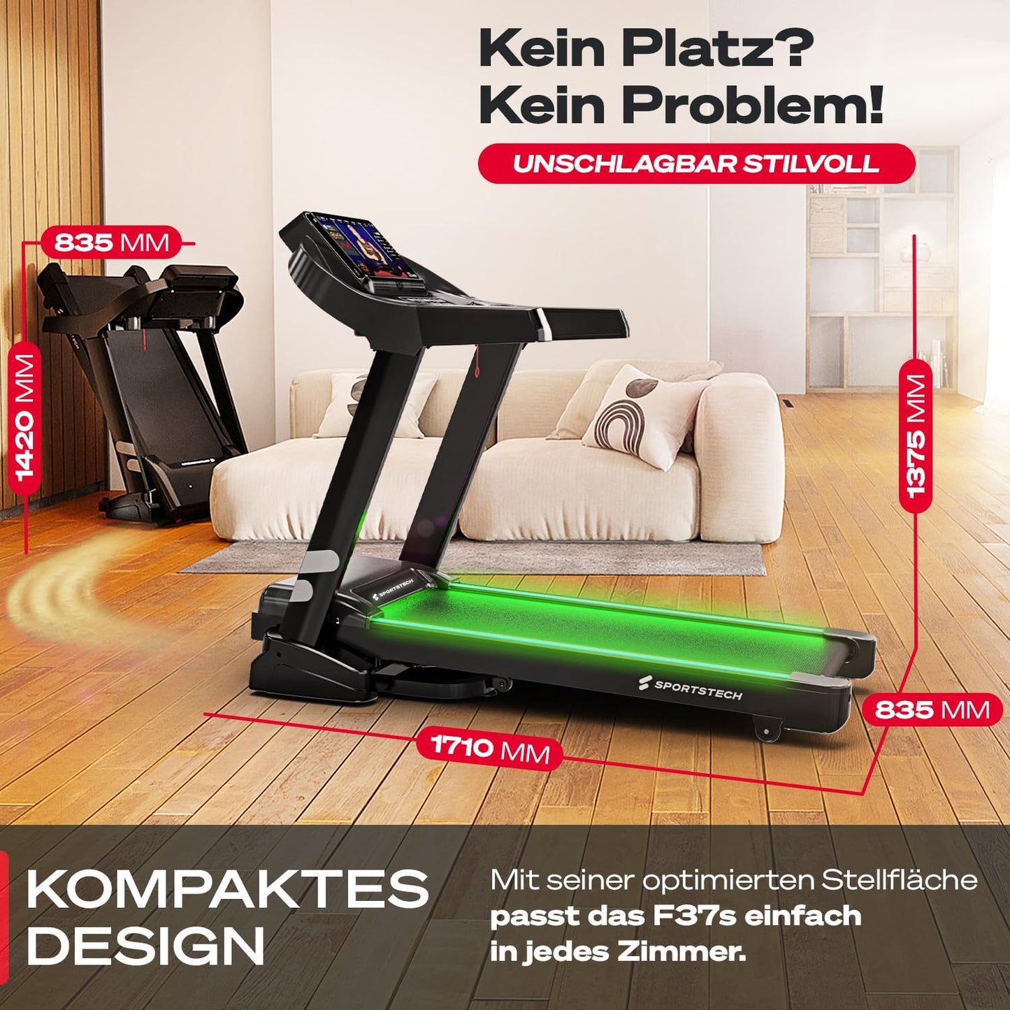 Sportstech F37s Laufband klappbar, 20 km/h, 7PS, Steigung, 150 kg, Bluetooth APP, große Lauffläche