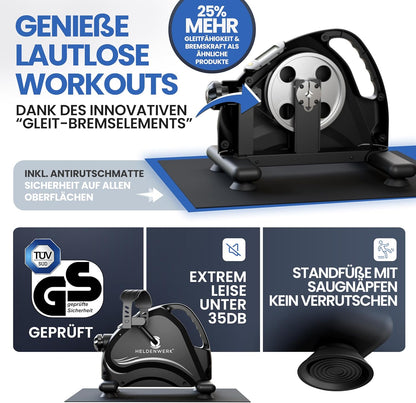 HELDENWERK Pedaltrainer Basic Set, TÜV/GS geprüft, mit Befestigungsgurt, Anti-Rutschmatte, Arm- und Beintrainer für Zuhause