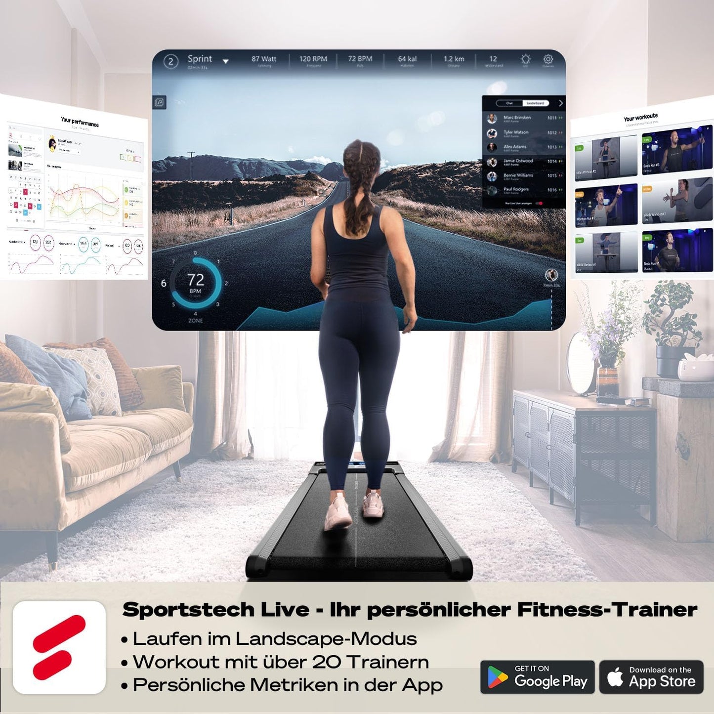 Sportstech Laufband Walking Pad, manuelle Steigung, 6-12 km/h, App, LED, Fernbedienung, kompakt, Home Office