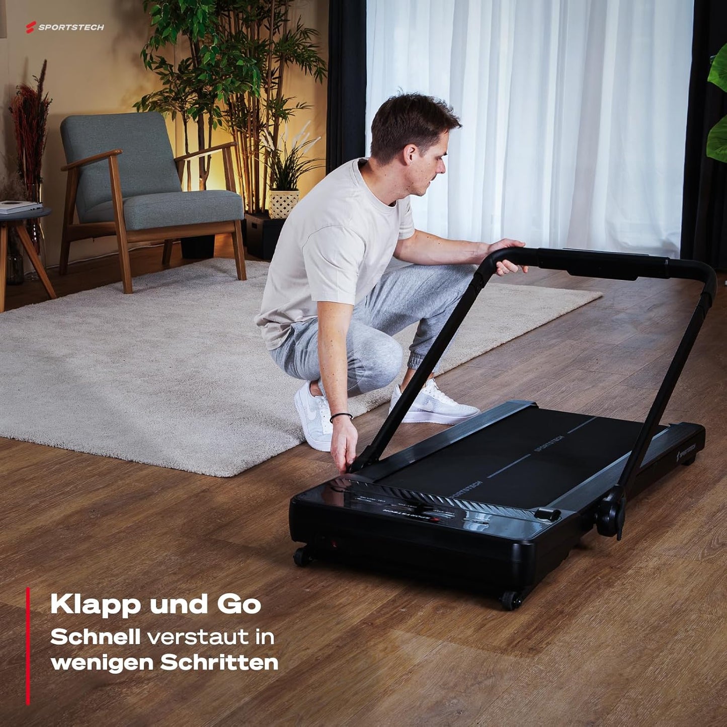 Sportstech Walking Pad, automatische Steigung bis 19%, 8-12 km/h, LED-Display, App, kompakt, leise, Home Office