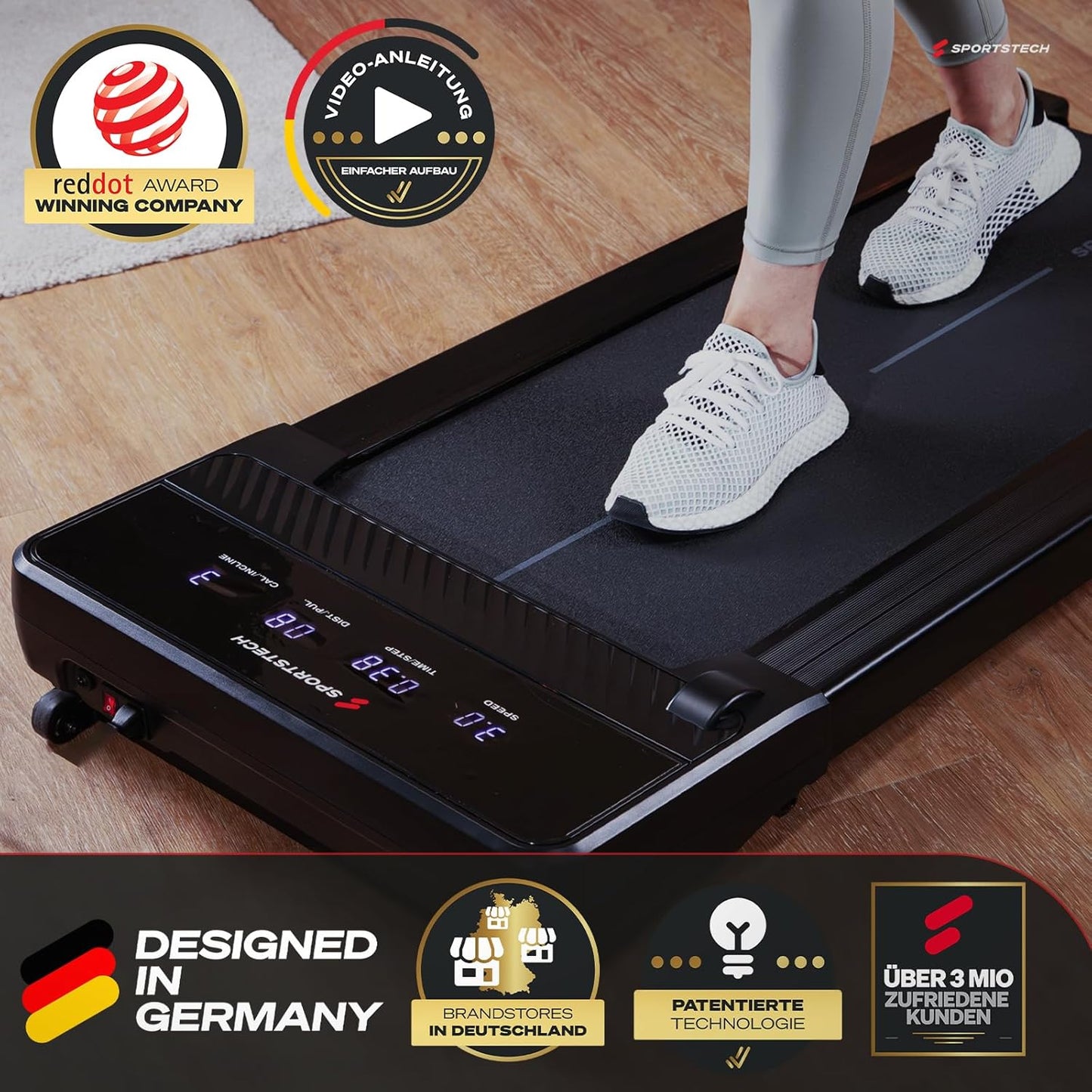 Sportstech Walking Pad, automatische Steigung bis 19%, 8-12 km/h, LED-Display, App, kompakt, leise, Home Office