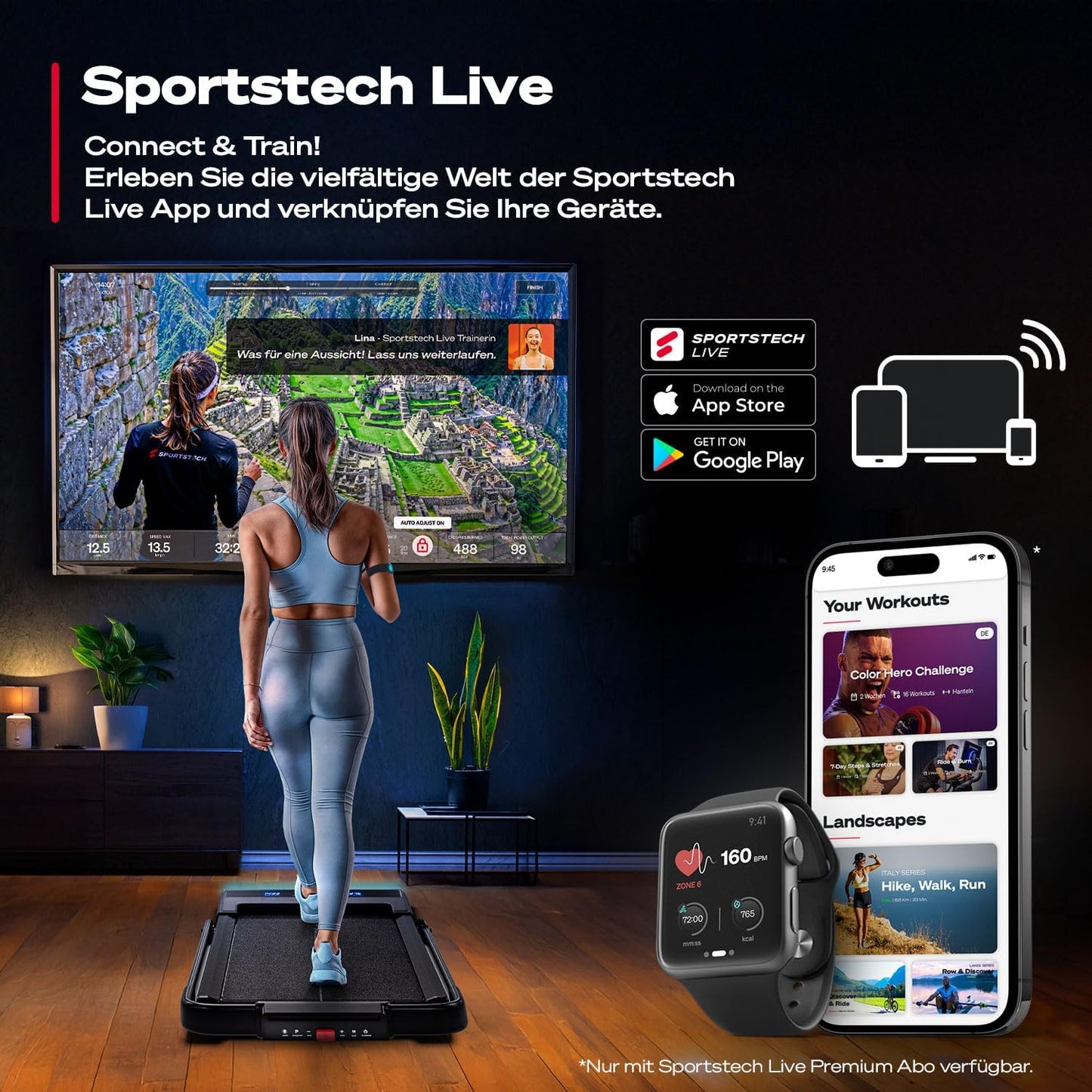 Sportstech Laufband Walking Pad, manuelle Steigung, 6-12 km/h, App, LED, Fernbedienung, kompakt, Home Office